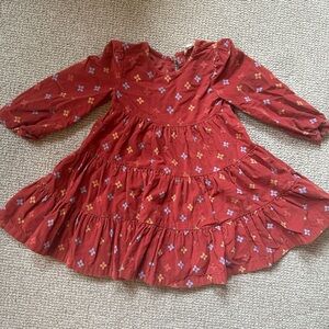 Girls Red Floral courduroy Long Sleeve Dress